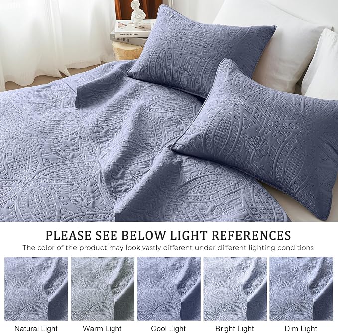 akkialla King Size Quilt Set, Bluish Grey Ultrasonic Bedspread, Lightweight - Image 5