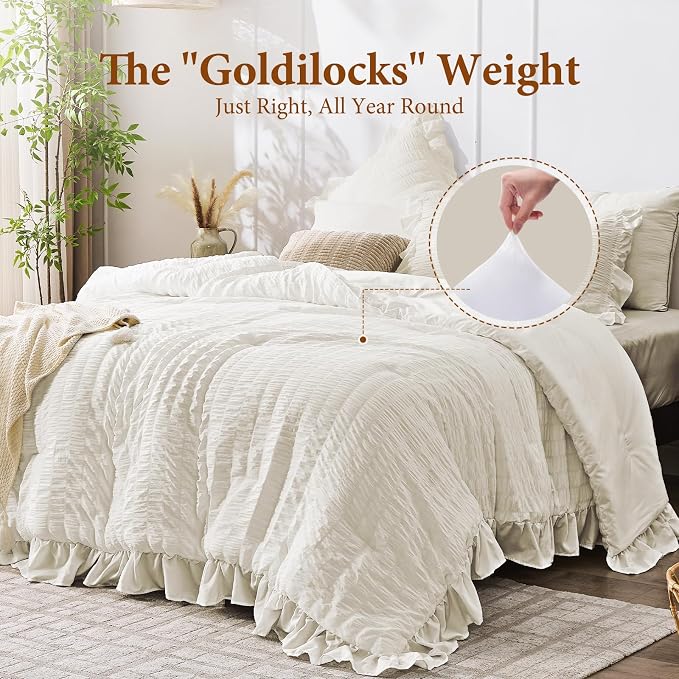 JOLLYVOGUE Ivory Comforter Full Size, 3 Pieces Seersucker Lightweight Full Size - Image 3