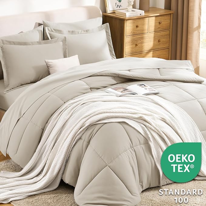 CozyLux Oversized King Comforter Sets Beige, 7 Pieces Bed in a Bag, 120x98 Box - Image 3