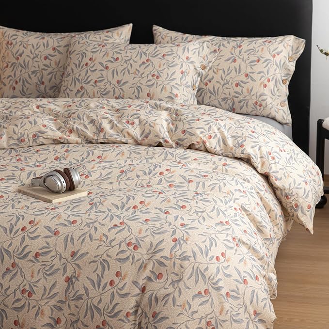 mixinni Cotton Linen Floral Duvet Cover Set King Size – Vintage Botanical Print - Image 4