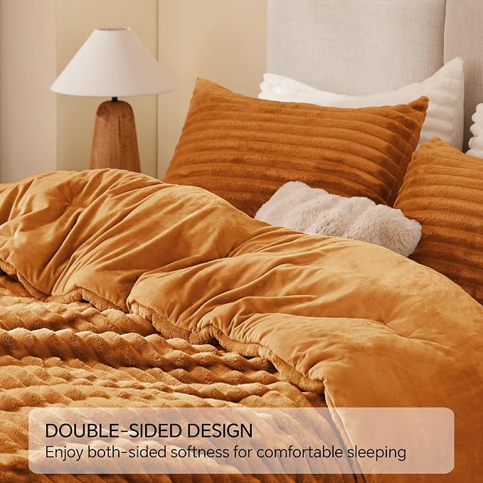 BEDELITE Fleece King Comforter Set -Super Soft & Warm Fluffy Rust Orange Bedding - Image 5