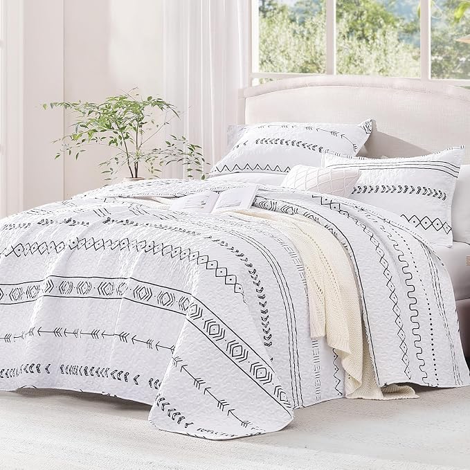 Andency White California King Quilt Set, 3 Pieces Boho Lightweight Soft Striped - Image 2