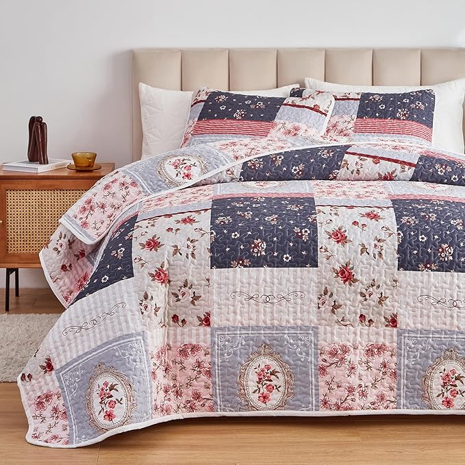 Patchwork Quilt Set Full/Queen Size, 3 Pieces Pink Purple Floral Plaid Summer - Image 3