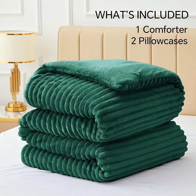 BEDELITE Fleece King Comforter Set -Super Soft & Warm Fluffy Dark Green Bedding - Image 6