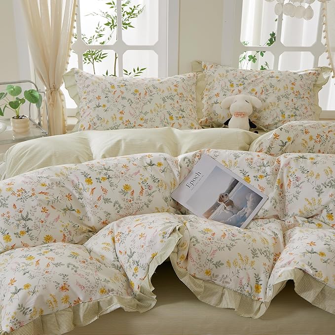 mixinni 100% Cotton Duvet Cover Set Queen, Reversible Spring Floral Ruffle - Image 3