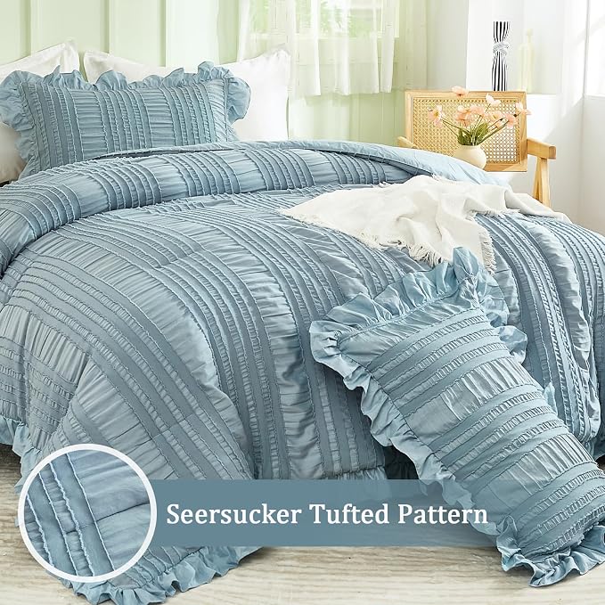 WONGS BEDDING Blue Comforter Set King, 3 Pieces Ruffle Farmhouse Shabby Chic - Image 2