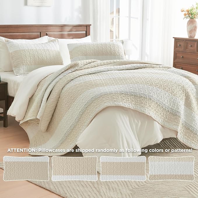 Andency King Size Quilt Set Beige, 3 Pieces Beige Ultra Soft Lightweight - Image 4