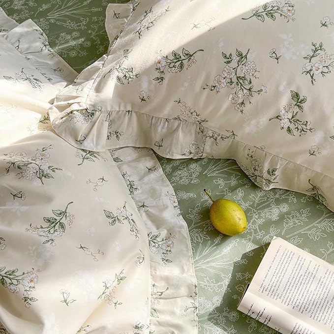 MKXI Botanical Floral Duvet Cover Full Beige Girls Floral Ruffled Bedding Set - Image 6