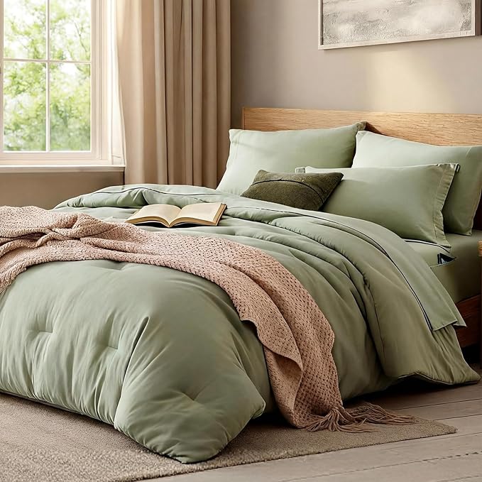 WRENSONGE King Size Comforter Set- 7 Pieces Soft Sage Green Bed in a Bag King by WRENSONGE