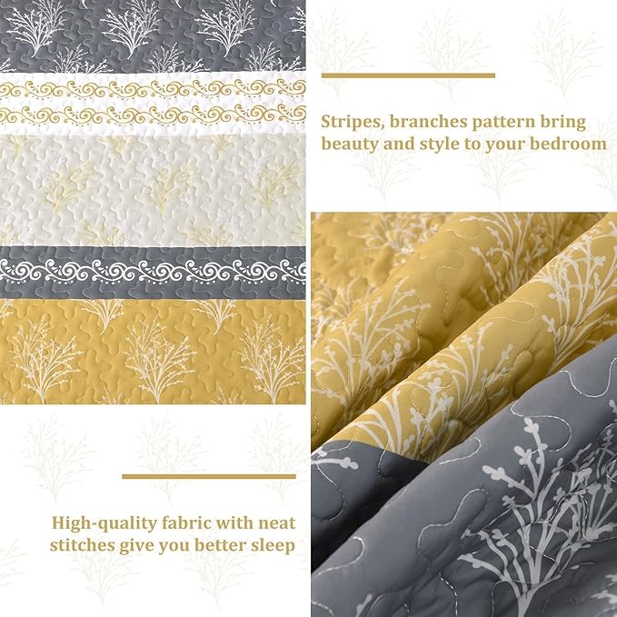 DJY Yellow Boho Quilt Set Queen Size, Striped Floral Yellow and Grey Bedspread - Image 5