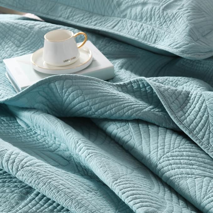 ROOMLIFE Queen Quilt Set Palm Leaves Pattern 3 PCS 100% Cotton Soft Breathable - Image 2