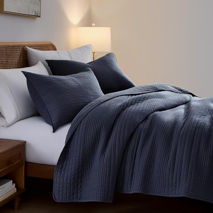 PALASSIO Striped Navy Blue 100% Cotton Quilt California Cal King Size Bedding - Image 7