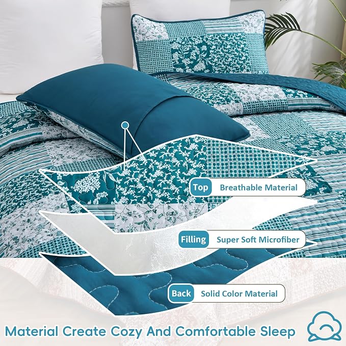 Mybedsoul Teal Blue Quilt Set Queen Size 3 Pieces Boho Plaid Turquoise Floral - Image 3