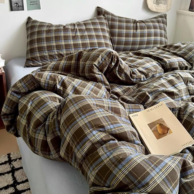PinkMemory Brown Blue Gingham Buffalo Plaid Duvet Cover Queen 100% Washed - Image 5