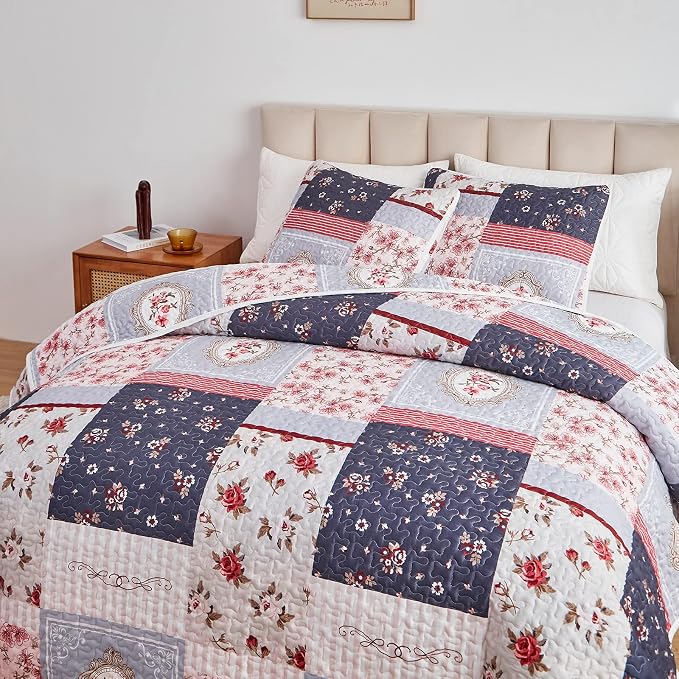 Patchwork Quilt Set Full/Queen Size, 3 Pieces Pink Purple Floral Plaid Summer - Image 4