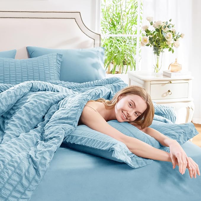 CozyLux King Size Comforter Set Sky Blue Seersucker 7 Pieces Bed in a Bag King - Image 7