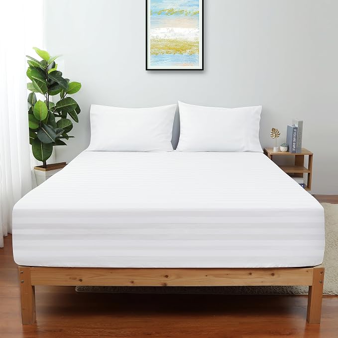 King Size Striped Fitted Sheet Only White Color, 100% Egyptian Cotton 600 by ShunjieHome