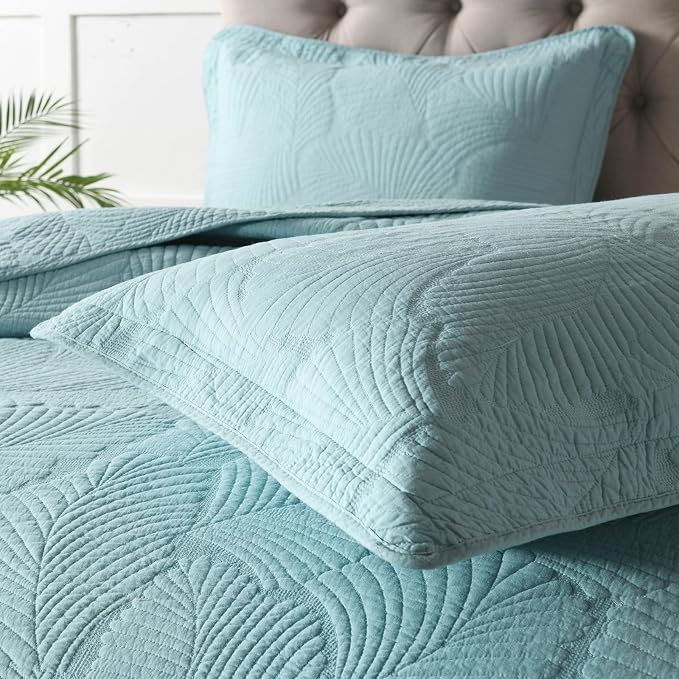 ROOMLIFE King Quilt Set Palm Leaves Pattern 3 PCS 100% Cotton Soft Breathable - Image 4