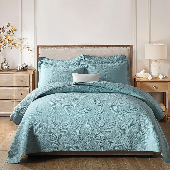 ROOMLIFE Queen Quilt Set Palm Leaves Pattern 3 PCS 100% Cotton Soft Breathable by ROOMLIFE