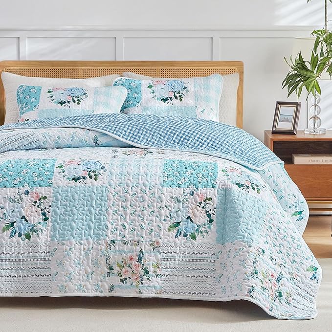 Joyreap 2 Pieces Floral Patchwork Quilt Set Twin, Soft n Cozy Microfiber Quilt - Image 3