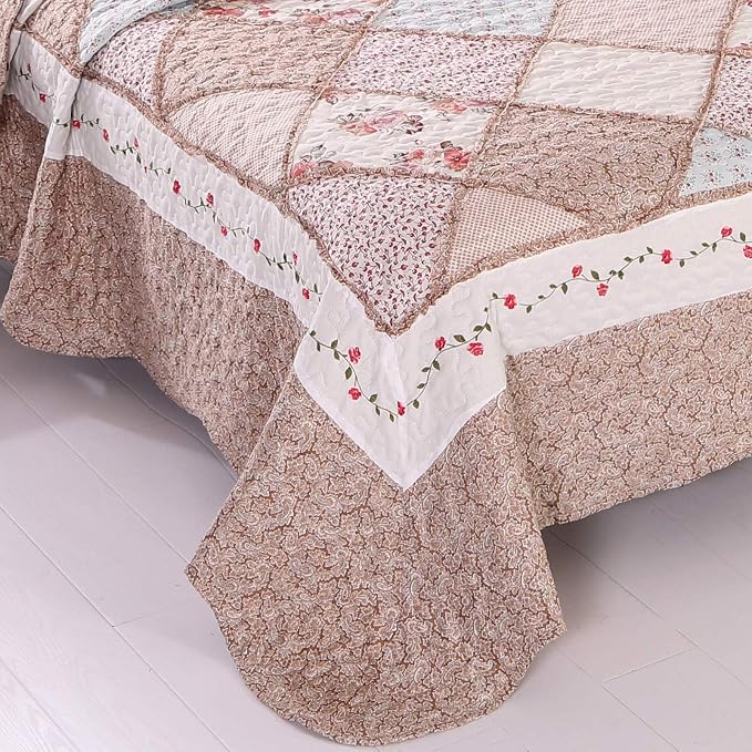 VIVILINEN Queen Size Quilt Set 3-Piece Light Pink Floral Patchwork Reversible - Image 5