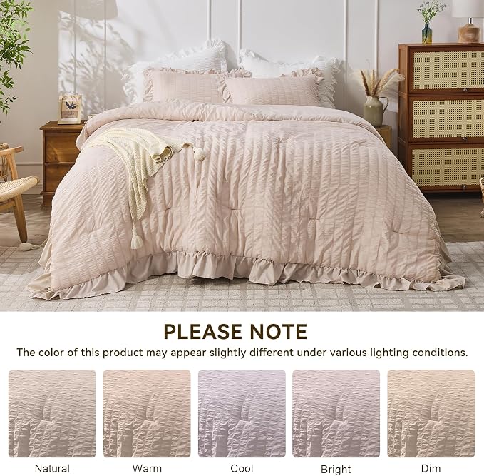 JOLLYVOGUE Beige Comforter Full Size, 3 Pieces Seersucker Lightweight Full Size - Image 8