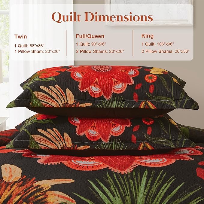 Tyrot 2 Piece Black Red Boho Floral Quilt Sets Twin Size Farmhouse Reversible - Image 6
