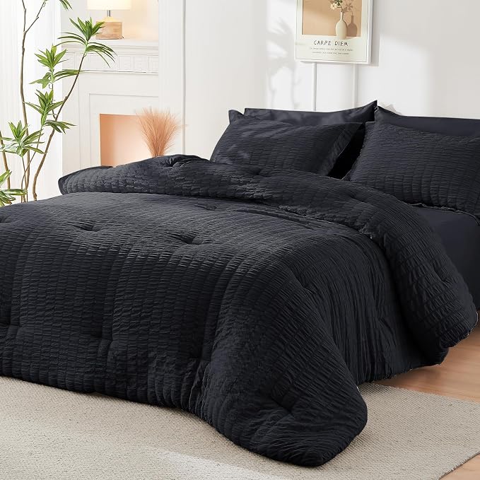 HYMOKEGE Black Oversized King Comforter Set Seersucker 7 Pieces, All Season - Image 8