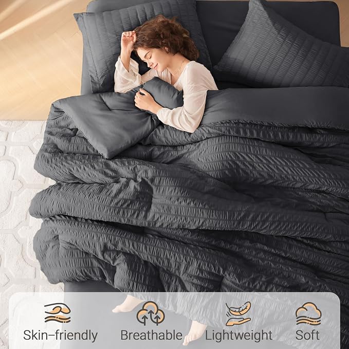 MUXHOMO 7 Pieces Full Comforter Set, Seersucker Bed in a Bag Full Size - Image 2