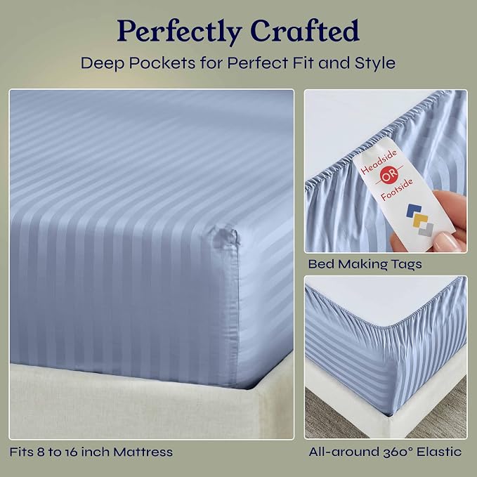 California Design Den Cotton Sateen Damask Stripe Fitted Queen Sheet Only - Image 6