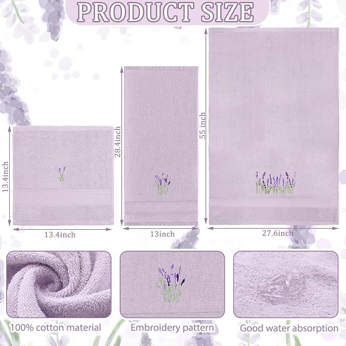 3 Pcs Lavender Floral Bathroom Towel Set Farmhouse Embroidered Lavender Floral - Image 2