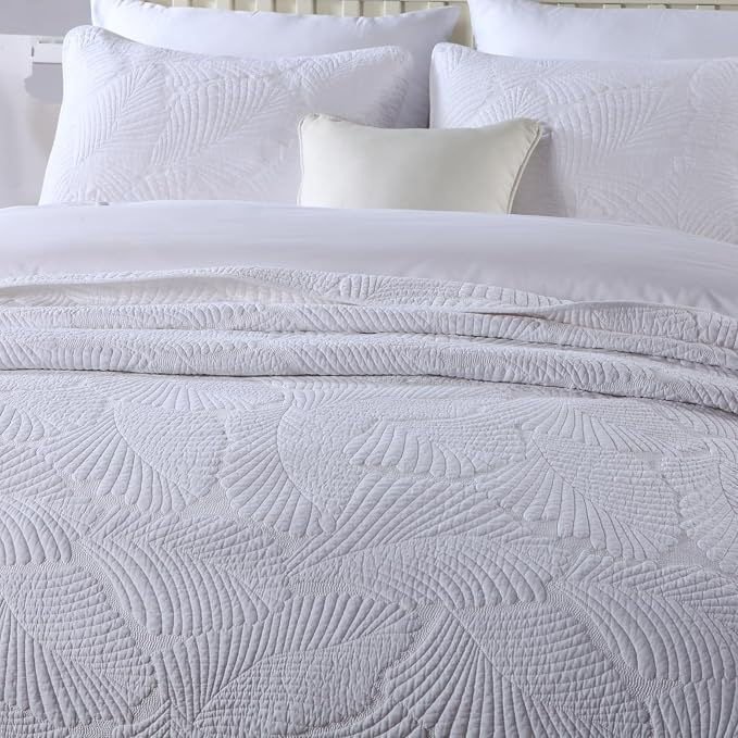 ROOMLIFE King Quilt Set Palm Leaves Pattern 3 PCS 100% Cotton Soft Breathable - Image 2
