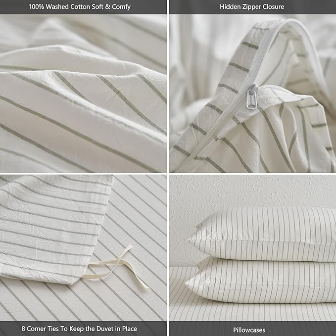MooMee Striped Duvet Cover Set 100% Washed Cotton Linen Like Textured - Image 6