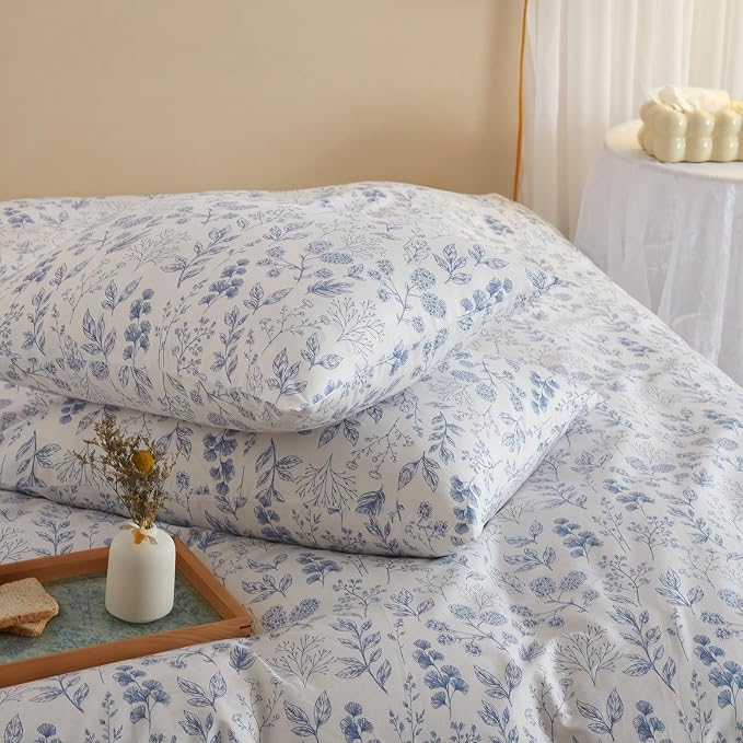 mixinni Garden Style Blue Flowers Leaves Duvet Cover King Size Soft Cotton - Image 7