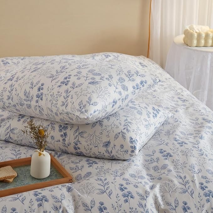 mixinni Small Floral Print Duvet Cover Queen Blue Flower Leaf Duvet Cover Set - Image 7