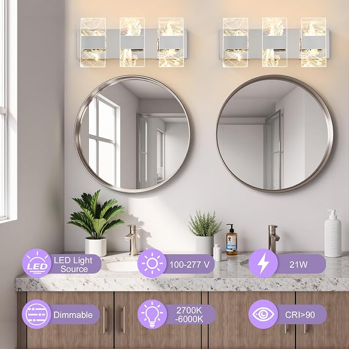 Modern LED Bathroom Light Fixtures Dimmable 3-Light Chrome Vanity Light - Image 2