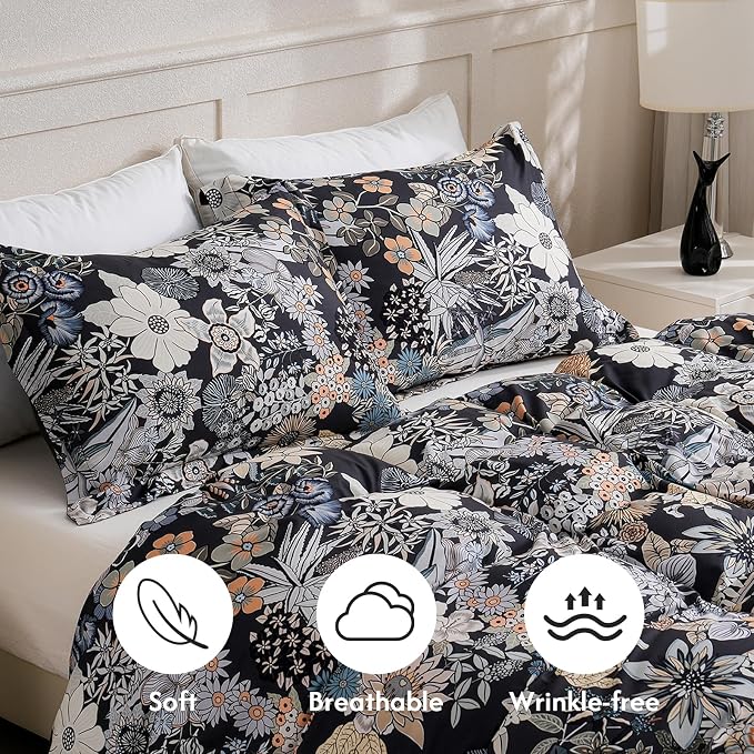 LONAVA King Flower 3 Pcs Duvet Cover Set, Breathable Soft Microfiber Black - Image 3