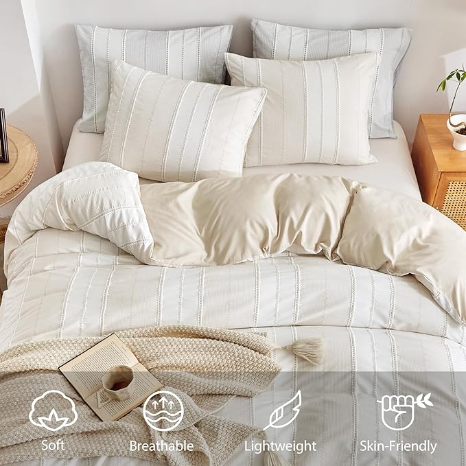 WARMDERN Khaki Striped Weave Duvet Cover Twin Size, Microfiber Textured Bedding - Image 3