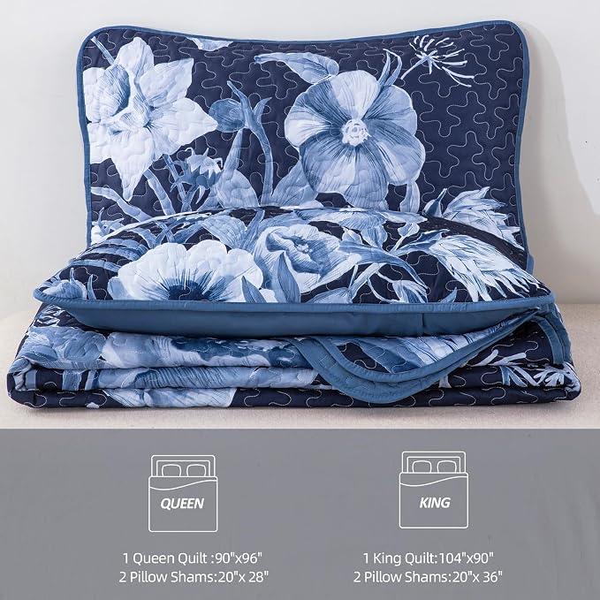 Floral Quilt Set Queen 3 Pieces Navy Blue Floral Quilt Coverlet Set Soft - Image 7