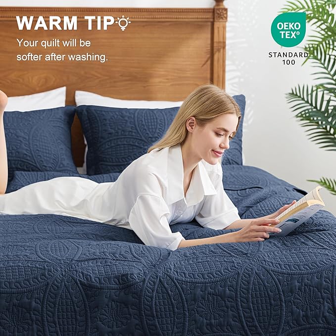 Love's cabin King Size Quilt Set Navy Blue Bedspreads - Image 5