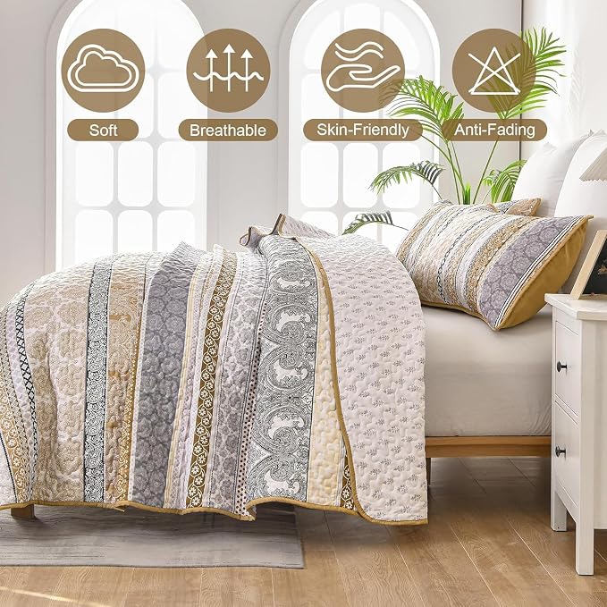 WONGS BEDDING Boho Quilt Set Full Size, Lightweight Microfiber Bedspread - Image 4