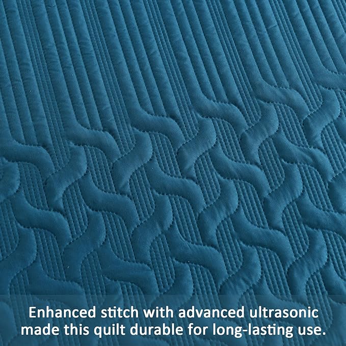 Yiran Teal Blue Quilt Set King Size Lightweight Bedspread Ultrasonic Wave - Image 5