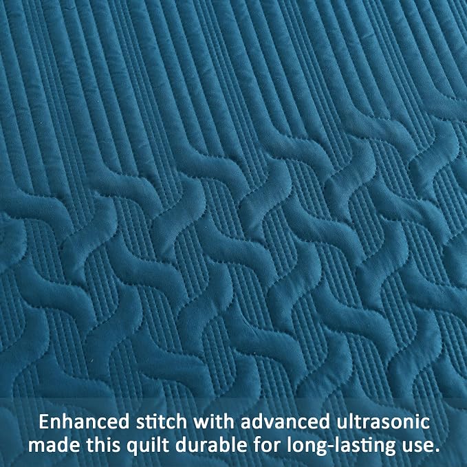 Yiran Teal Blue Quilt Set Queen Size Lightweight Bedspread Ultrasonic Wave - Image 5