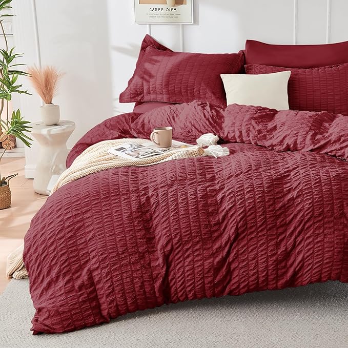 HYMOKEGE Burgundy King Size Comforter Set Seersucker 7 Pieces, All Season - Image 2