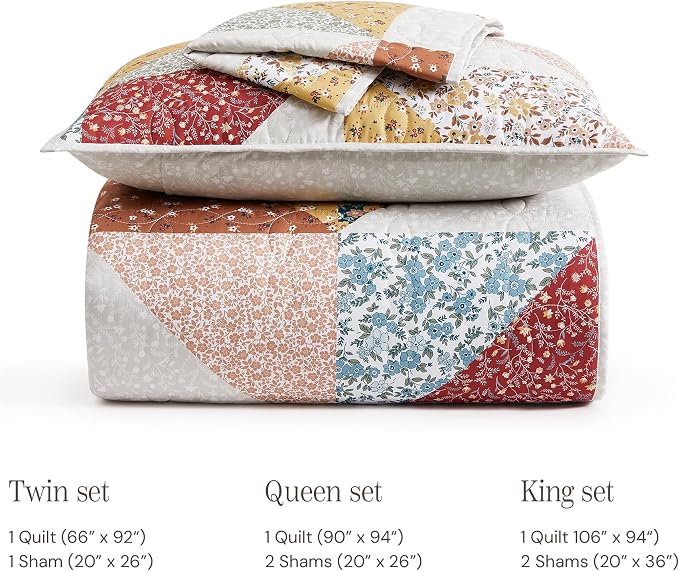 BLOOMHAVEN Quilt Set Queen Size, Patchwork Burnt Orange Floral Quilt Sets - Image 8