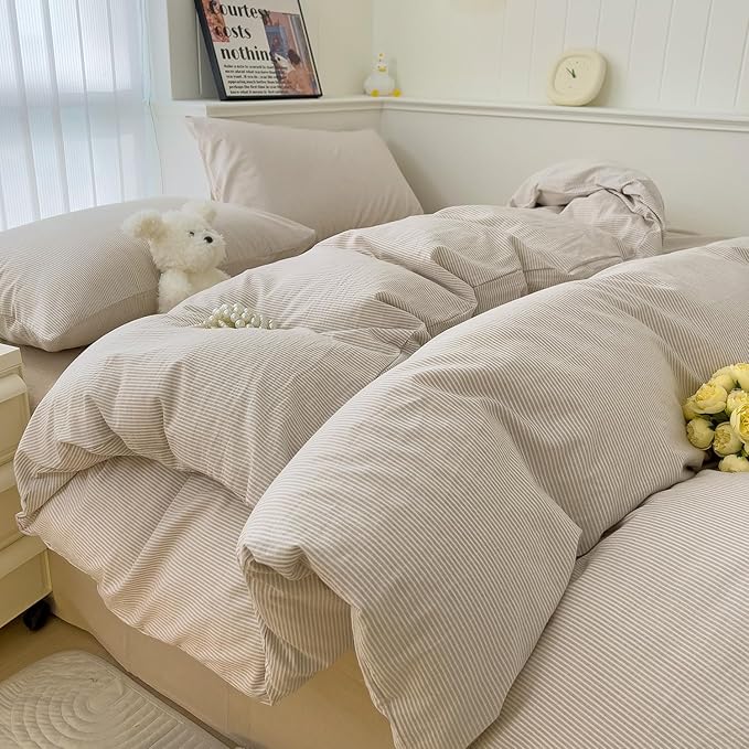 mixinni Tan Striped Duvet Cover Queen Size by mixinni
