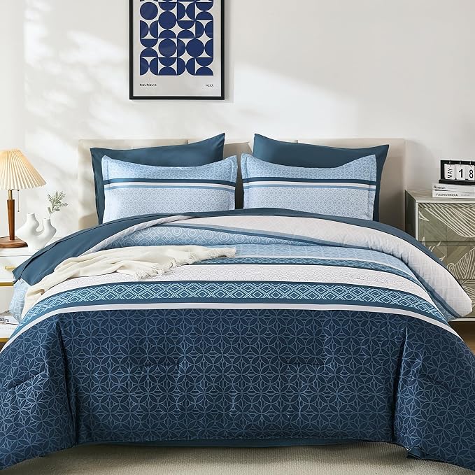 WONGS BEDDING Navy Blue Queen Comforter Set 7 Pieces, Boho Striped Bed in a Bag - Image 8