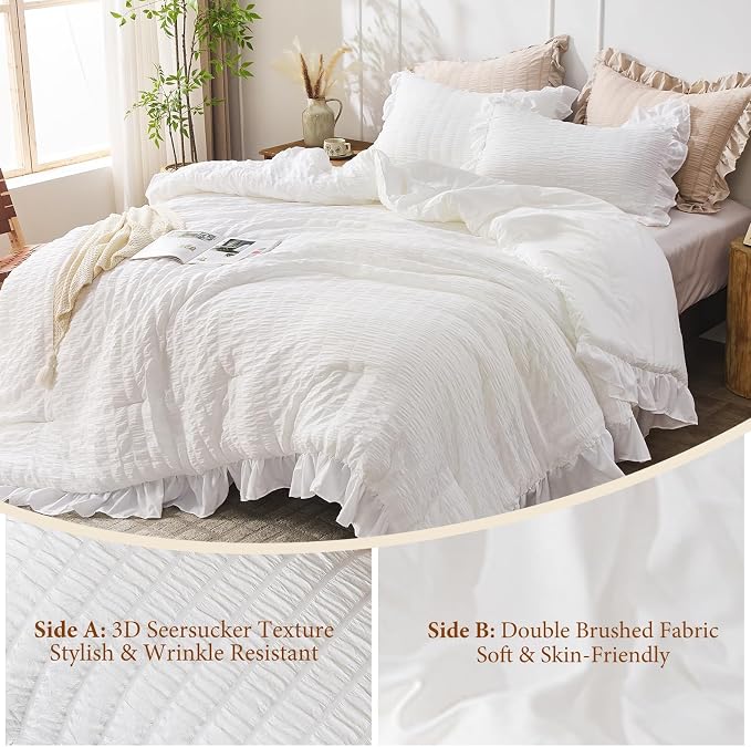JOLLYVOGUE White Twin Size Comforter Set, 2 Pieces Seersucker Lightweight - Image 5