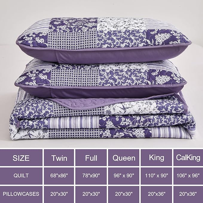 Mybedsoul Purple Quilt Set Full Size, 3 Pieces Plaid Floral Bedspread Set - Image 5