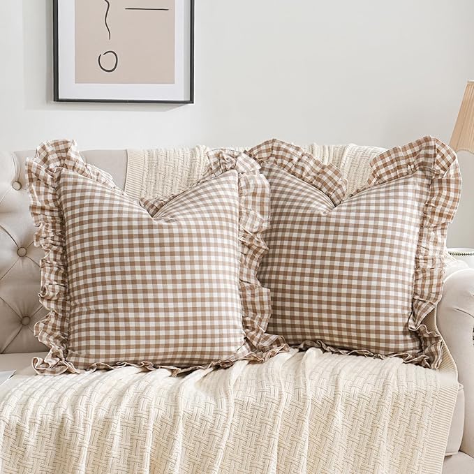 2 Pack Taupe/Brown Plaid Ruffle Throw Pillow Covers Farmhouse Checkered Chic by Qilunn